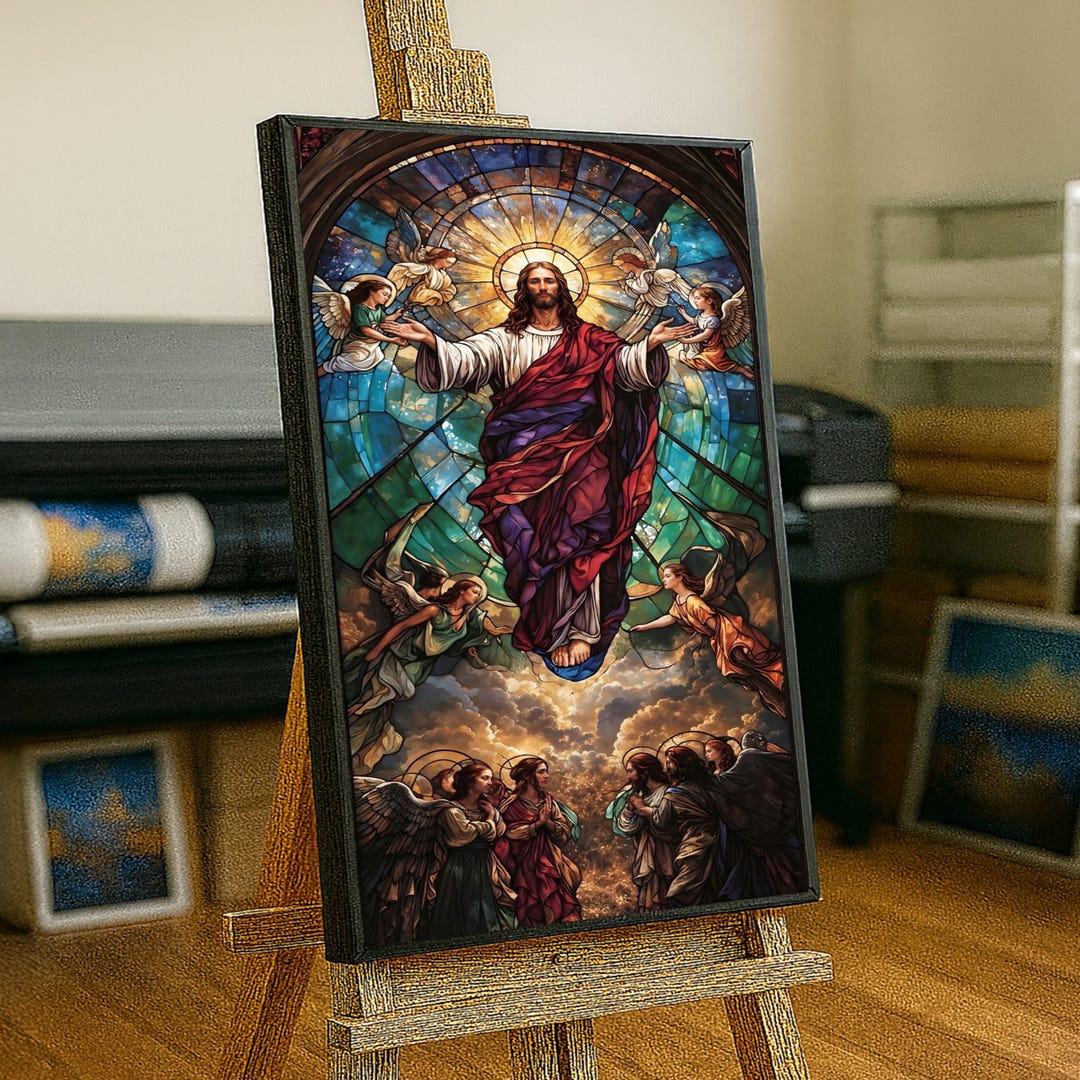 昇天するイエス・キリストのキャンバス、ステンドグラス風の宗教的な