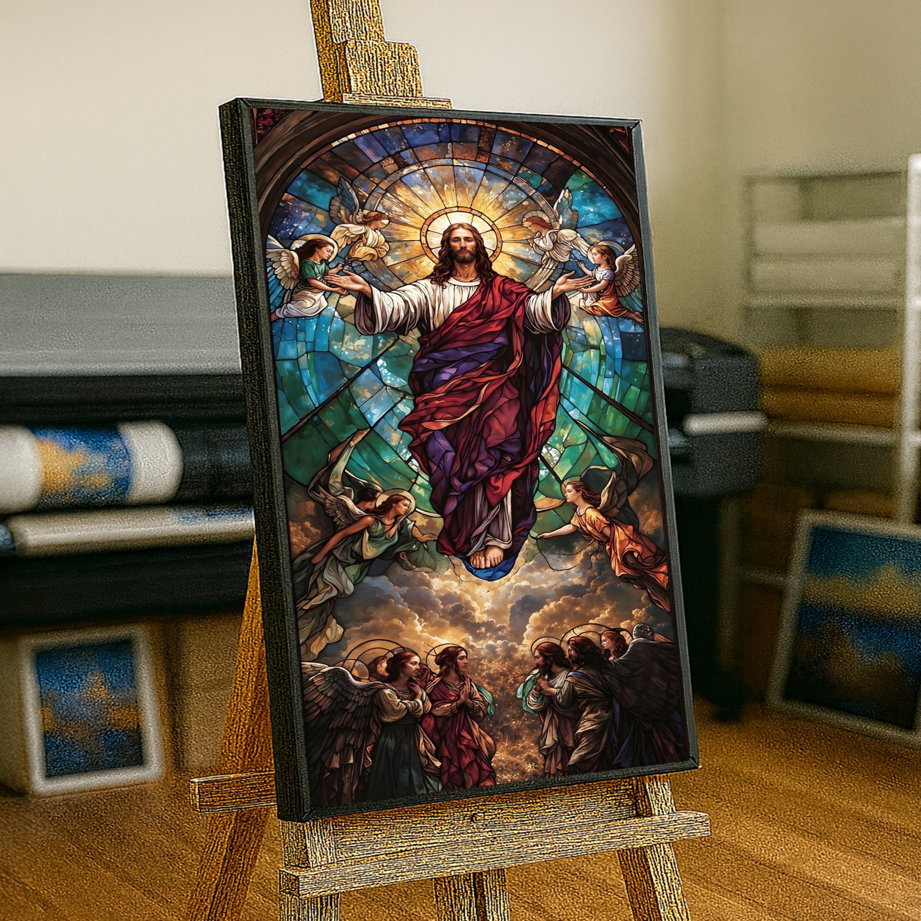 昇天するイエス・キリストのキャンバス、ステンドグラス風の宗教的な