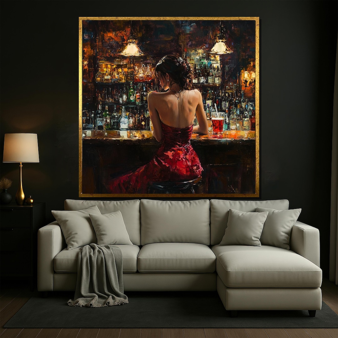 Woman in Red Dress Oil Painting Canvas Print, Elegant Lounge Scene - Etsy