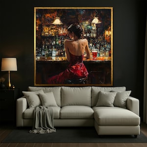 Woman at Bar Wall Art, Red Dress Oil Painting Print, Elegant Lounge Scene Canvas, Romantic Nightlife Portrait Decor
