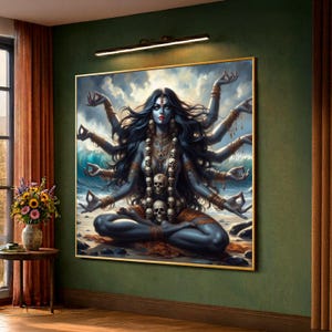 Powerful Multi-Armed Goddess Canvas, Spiritual Meditation Wall Art, Mystical Sea Background, Dark Fantasy Canvas, Home Decor Art