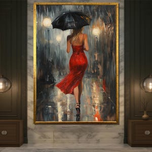 Romantic Woman in Red Dress Holding Umbrella Walking in Rain – Elegant Night Street Canvas Art for Wall Decoration