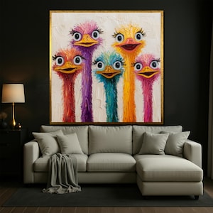 Ostrich Family Canvas Print: Colorful Animal Wall Art with Gold Frame