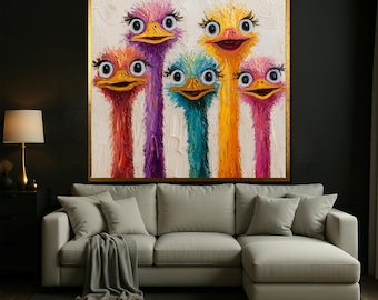 Impresión en lienzo de una familia de avestruces: arte mural colorido con marco dorado