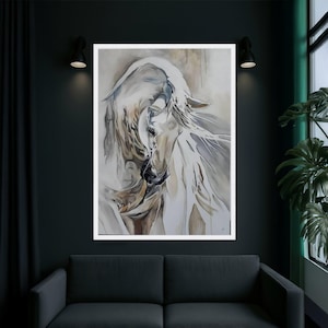 Elegante cuadro de un caballo blanco sobre lienzo, pintura equina abstracta, decoración moderna con arte animal, lienzo en tonos neutros, listo para colgar. imagen 4