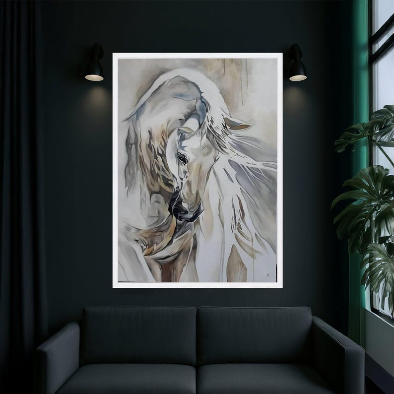 Elegante cuadro de un caballo blanco sobre lienzo, pintura equina abstracta, decoración moderna con arte animal, lienzo en tonos neutros, listo para colgar. imagen 4