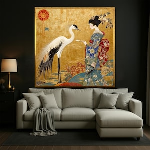Golden Japanese Geisha and Crane Canvas Art, Traditional Kimono Wall Decor, Elegant Asian Painting for Stylish Interiors