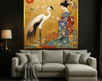 Geisha and Crane Canvas Art: Elegant Japanese Kimono Wall Decor