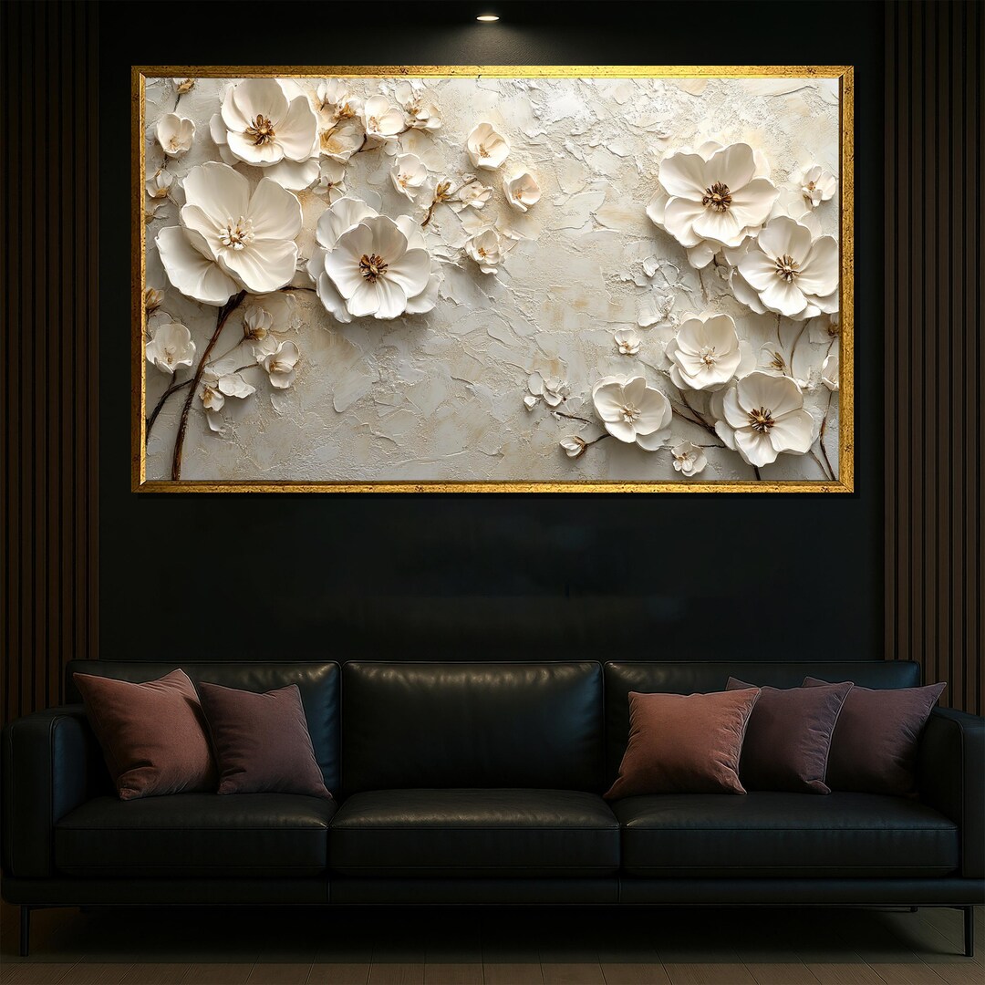 Textured White Floral Canvas Wall Art With Gold Frame, Large Elegant ...