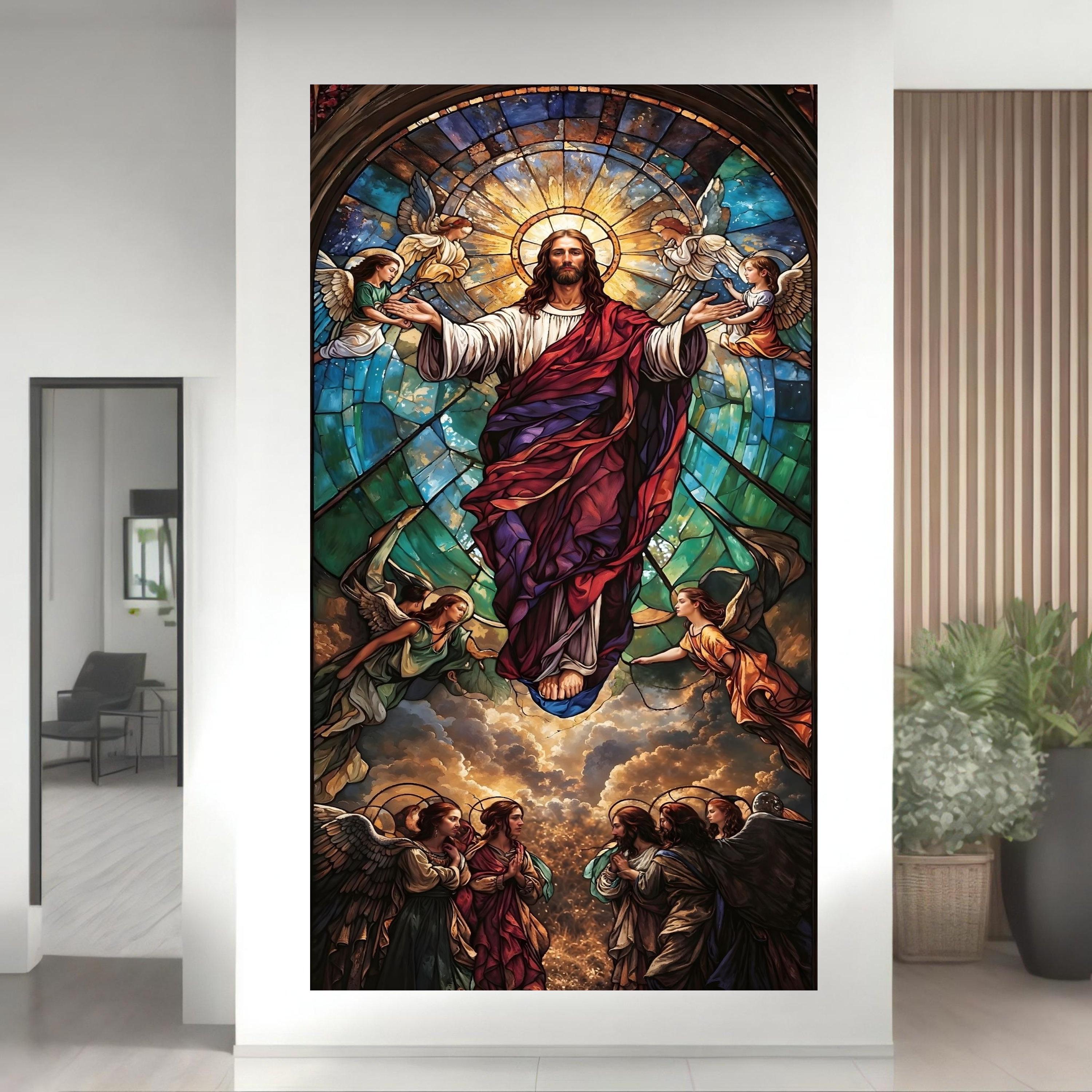 昇天するイエス・キリストのキャンバス、ステンドグラス風の宗教的な