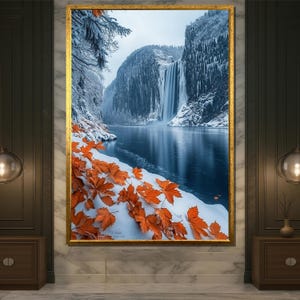 Winter Wasserfall Wandkunst mit Herbstlaub, verschneite Natur Landschaft, Kalter Fluss Szene Poster, saisonales Kontrastdekor