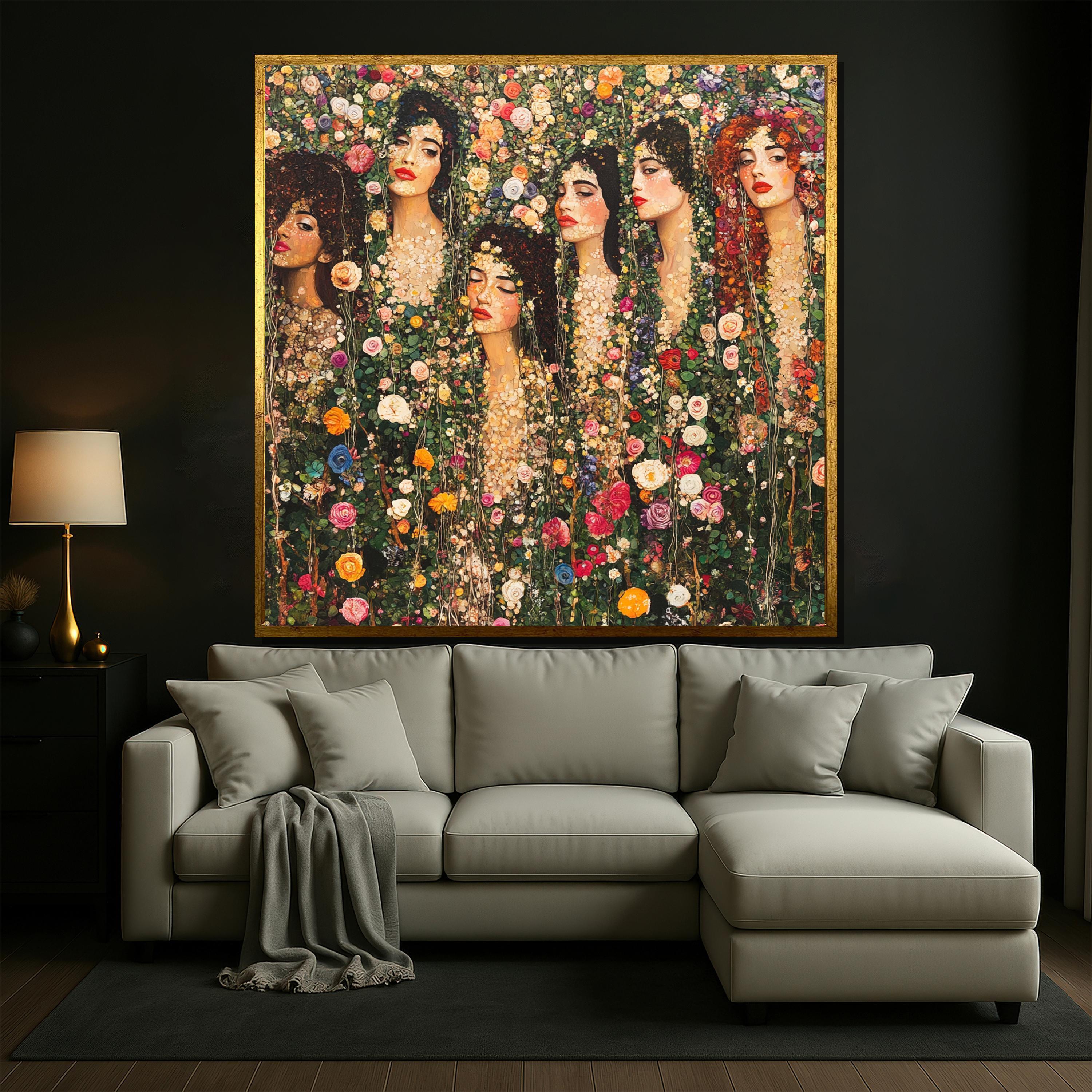 装飾花「6人のミューズの庭」キャンバス絵画、エレガントな装飾女性の