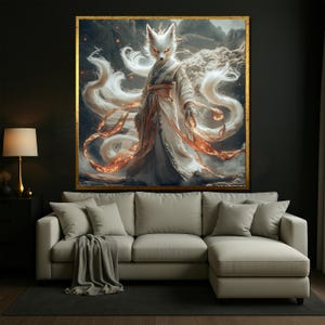 Mystische Neunschwänzige Fuchs Kunst Leinwand, Japanische Yokai Geist Tier Fantasy Kunstwerk, Kitsune Wohnkultur für Wohnzimmer
