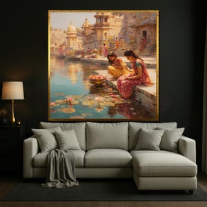 Indian Woman Canvas Art: Ethnic Lotus Flower Scene