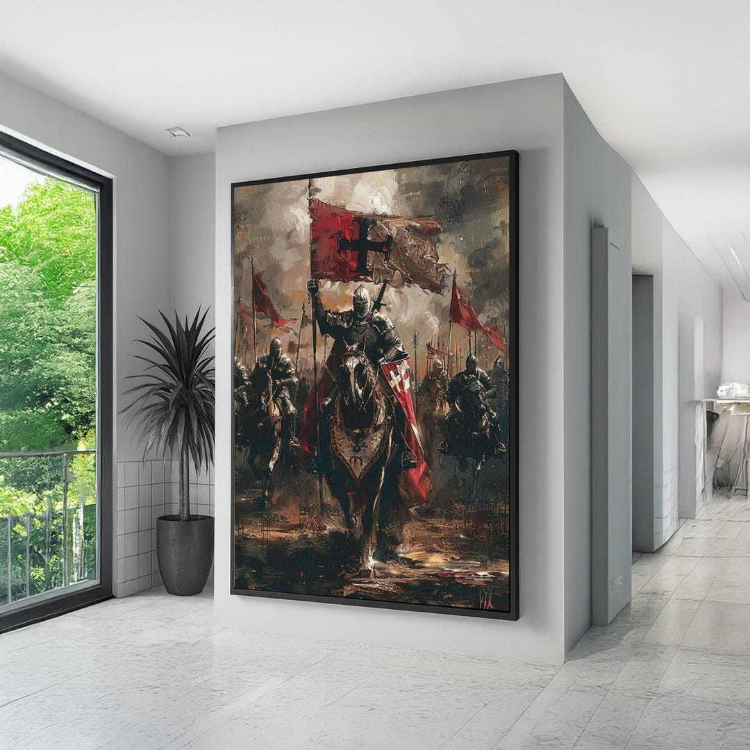 Medieval Knight Cavalry Charge Canvas, Crusader Horsemen Wall Art, Dark ...