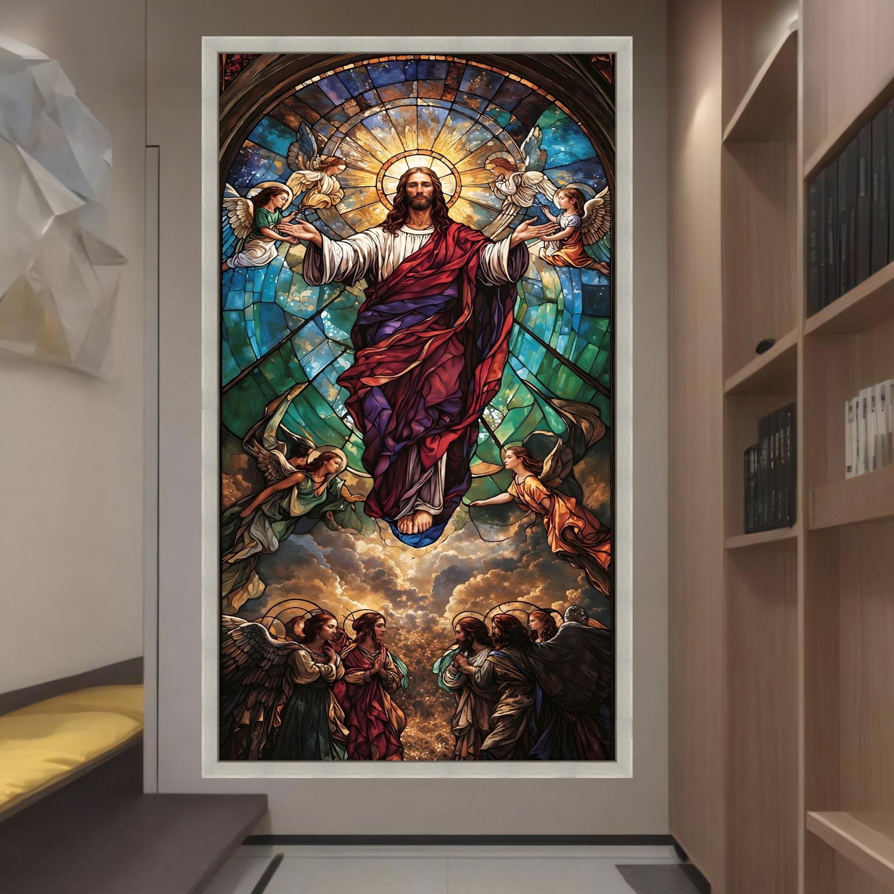昇天するイエス・キリストのキャンバス、ステンドグラス風の宗教的な