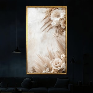 Romantic Floral Canvas Painting, Beige Rose Wall Art for Elegant Living Room Decor, Soft Flower Gift for Her or Him
