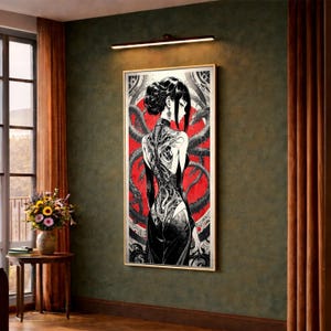 Elegant Woman with Mechanical Dragon Tattoo, Red Circle Background Canvas, Fantasy Anime Wall Art, Gothic Black and White Canvas Print,