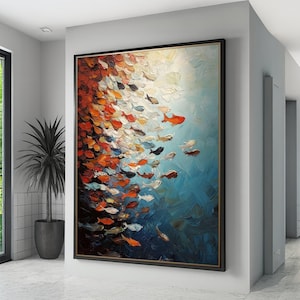 Colorful Fish School Canvas, Abstract Ocean Life Wall Art, Marine Scene, Underwater Canvas Painting, Vibrant Sea Fish Decor