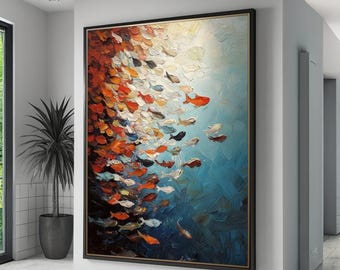 Lienzo de banco de peces de colores, arte mural abstracto de vida oceánica, escena marina, pintura submarina, decoración vibrante de peces marinos
