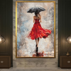 Elegant Woman in Red Dress with Umbrella Canvas Painting – Romantic Rainy Day Wall Art for Bedroom or Living Room Decor