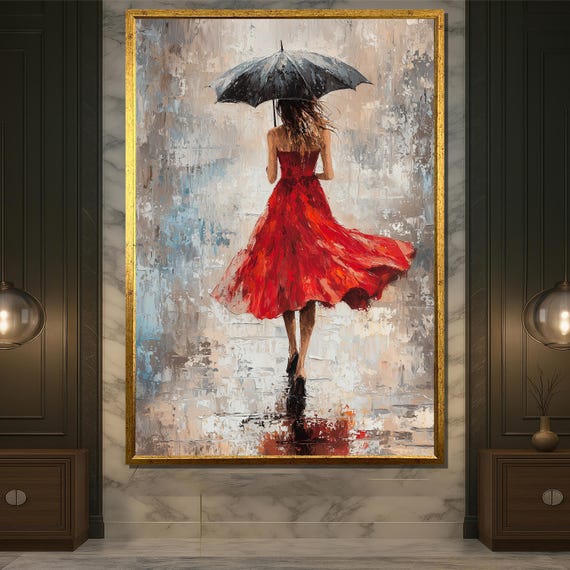 Elegant Woman in Red Dress With Umbrella Canvas Painting  Romantic Rainy  Day Wall Art for Bedroom or Living Room Decor - Etsy Australia