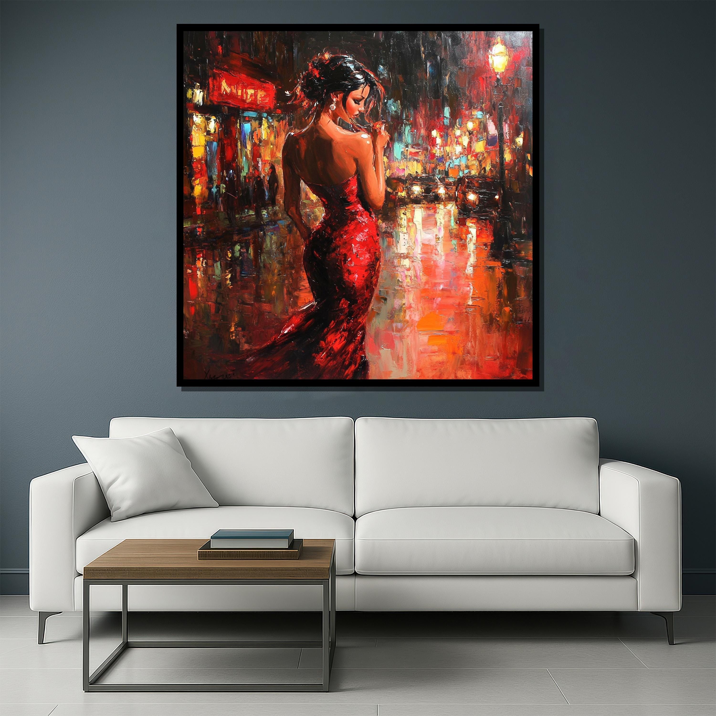 Red Dress Woman Wall Art, Night City Oil Painting Print, Elegant Lady ...