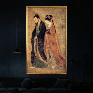 Ancient Chinese Couple Canvas Art, Traditional Tang Dynasty Style Painting, Vintage Asian Wall Decor for Cultural Homes