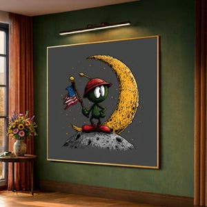 Lienzo con diseño retro de un alienígena de dibujos animados en la luna con la bandera estadounidense, arte de pared de aventura espacial, lienzo con un personaje de Marte de fantasía, obra de arte para la decoración del hogar.