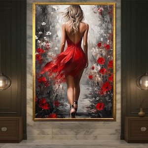 Elegant Woman in Red Dress Canvas Wall Art – Fashion Girl Walking Among Flowers Modern Home Decor