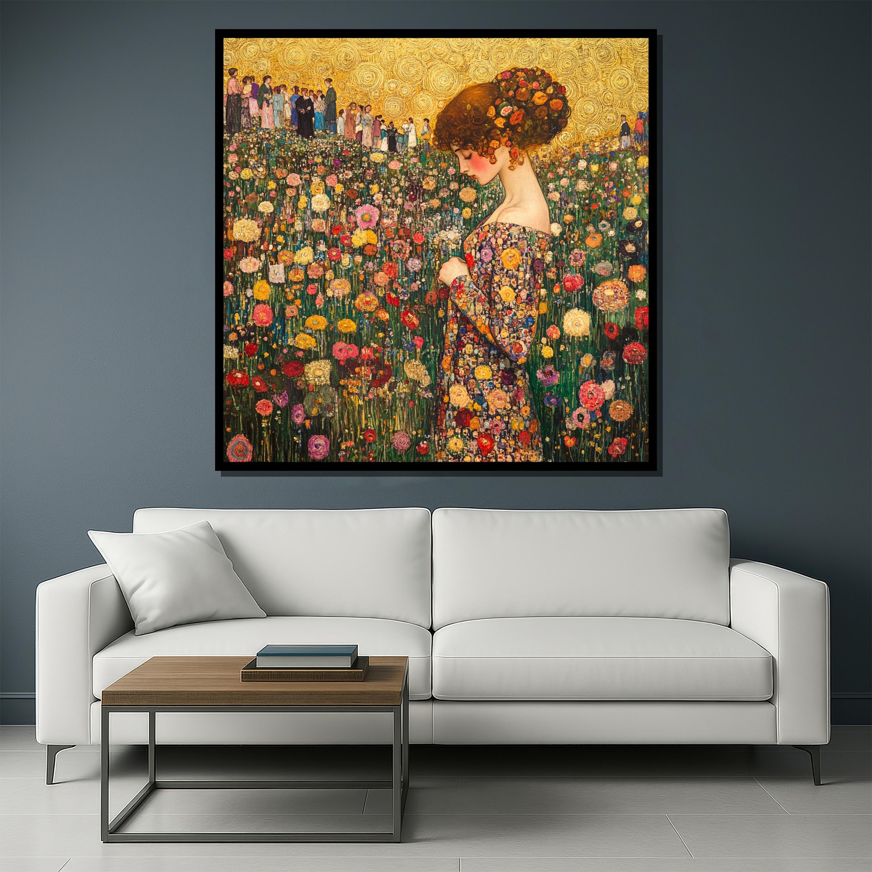 Gustav Klimt Canvas Print: Elegant Lady in Floral Field, Romantic Art ...