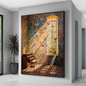 May include: An artistic painting depicts a room with a piano and butterflies. Sunlight streams through a window, illuminating the room and the colorful butterflies. The painting has a dark frame and is displayed in a modern hallway.