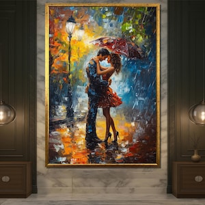 Romantic Couple Under Umbrella Canvas Wall Art, Colorful Rainy Night Love Painting for Bedroom or Living Room Modern Home Decoration