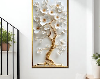 Gold Trunk White Blossom Tree Canvas Art, Elegant Floral Wall Decor