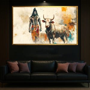 Lord Shiva with Nandi Canvas Art, Hindu God Wall Print, Sacred India Spiritual Decor, Divine Energy Painting, Vedic Gift for Meditation Spac