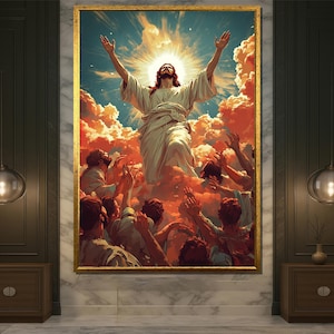 Ascension of Jesus Wall Art Print |Glorious Christian Canvas | Risen Savior in Clouds Painting | Spiritual Religious Home Faith Decor Poster