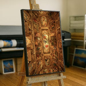 May include: A framed print of a detailed ceiling painting, featuring ornate gold detailing and colorful frescoes. The artwork is displayed on a wooden easel, showcasing the intricate design and historical theme.