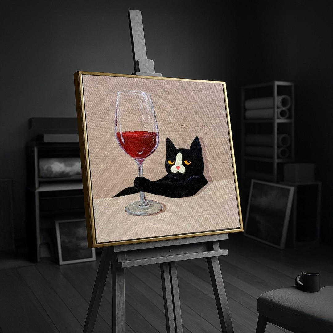 Whimsical Black Cat With Wine Glass Canvas, Humorous Cat Art, Funny ...