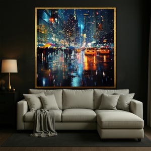 Rainy Night NYC Wall Art, Colorful Street Scene Canvas, Yellow Taxi Urban Decor, City Lights Reflection Print