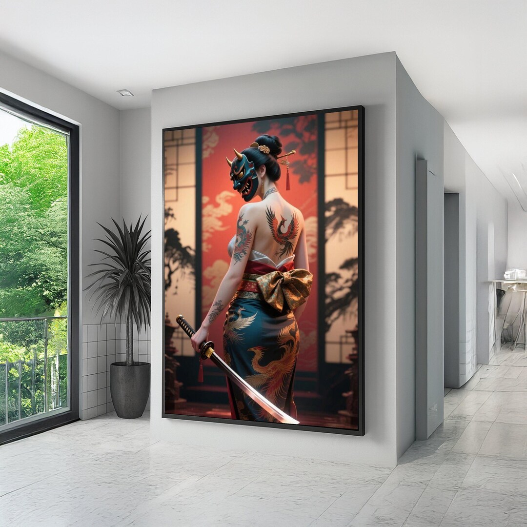 Samurai Woman With Oni Mask and Phoenix Tattoo, Japanese Sword Art ...