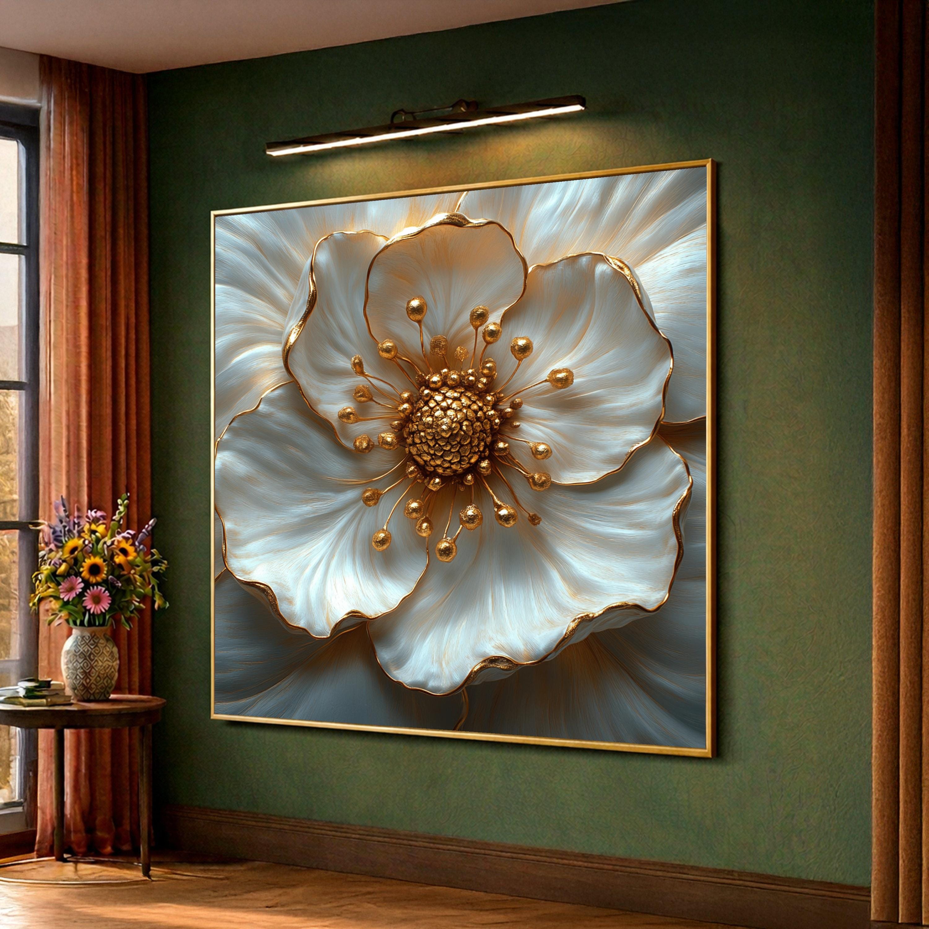 Elegant White and Gold Flower Canvas, Luxury Floral Wall Art, Modern ...