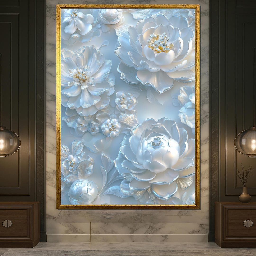 Luxury White Peony Flower Canvas Wall Art With Gold Touches, Elegant ...