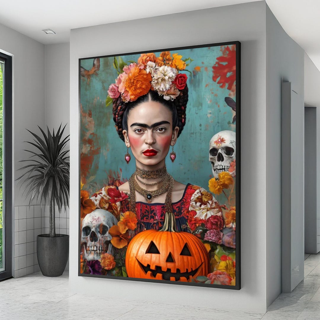Frida Kahlo Portrait, Halloween Pumpkin Canvas, Floral and Skull Wall ...