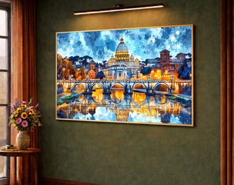 Beleuchtete Rom Skyline Leinwand, Petersdom Kunstwerk, Nachtfluss Reflexion Stadtbild Wandkunst