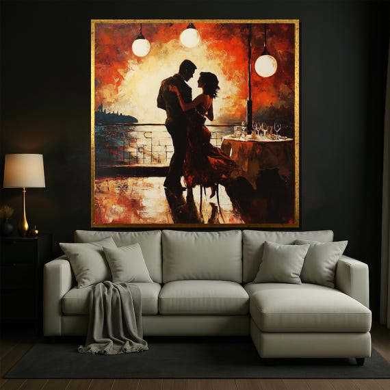 Romantic Sunset Dance Canvas Wall Art,elegant Couple by Sea