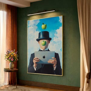 Surreal Man with Green Apples and Tablet Canvas, Modern Abstract Wall Art, Magritte Style Home Decoration, Contemporary Surrealism Canvas
