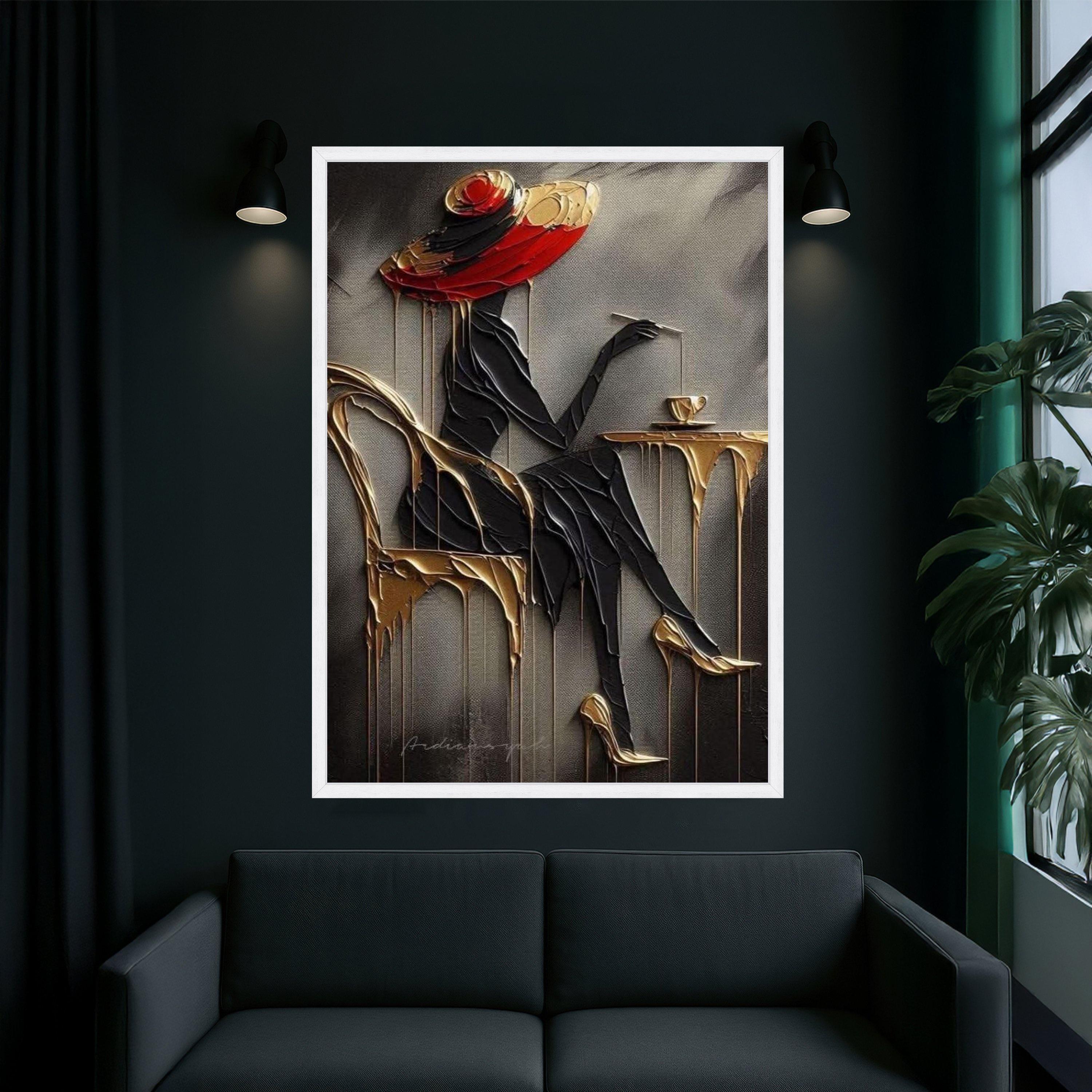 Elegant Woman in Red Hat Canvas, Abstract Fashion Art, Chic Sitting ...