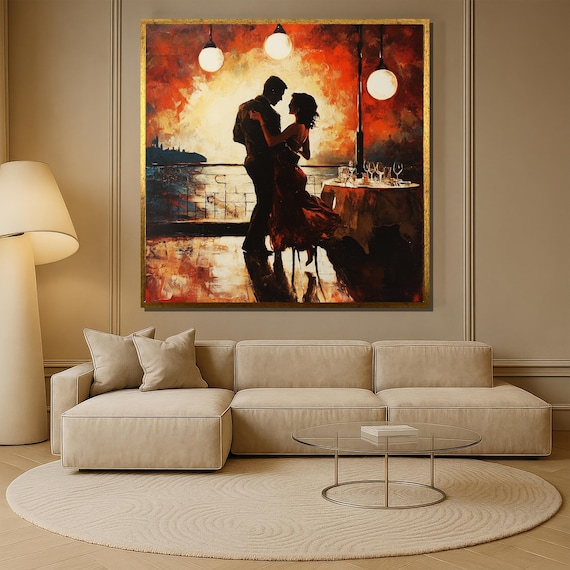 Romantic Sunset Dance Canvas Wall Art,elegant Couple by Sea