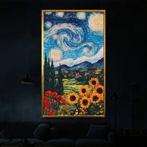 Van Gogh Canvas Painting – Starry Night Landscape with Sunflowers and Poppies – Vibrant Wall Art Canvas Painting Gift for Home Décor
