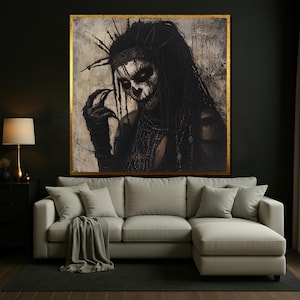 Dark Gothic Skull Art Canvas, Creepy Witch Wall Decor, Voodoo Priestess Painting for Living Room, Occult Horror Aesthetic Artwork